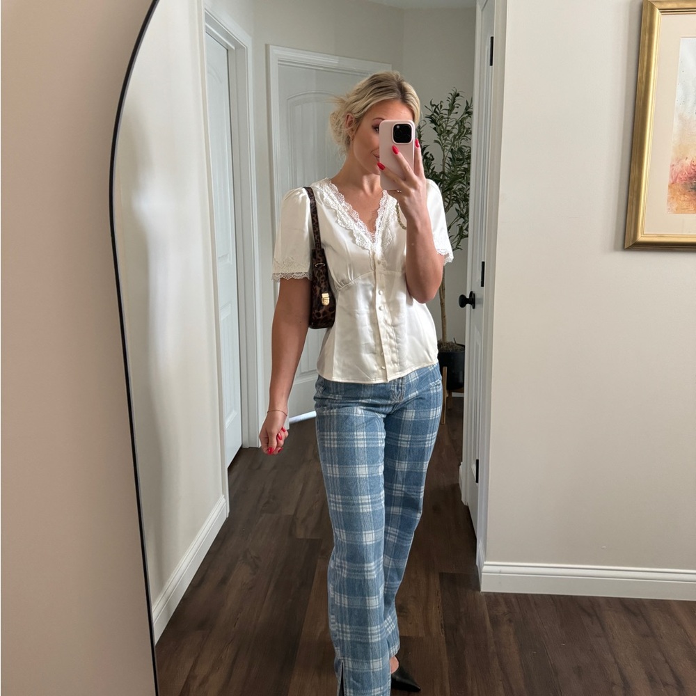 Plaid straight leg jeans